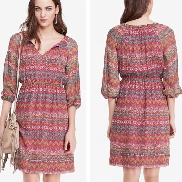 Diane Von Furstenberg Red Parry Silk Chiffon Blouson Aztec Stripe Dress 20209 - Picture 1 of 11